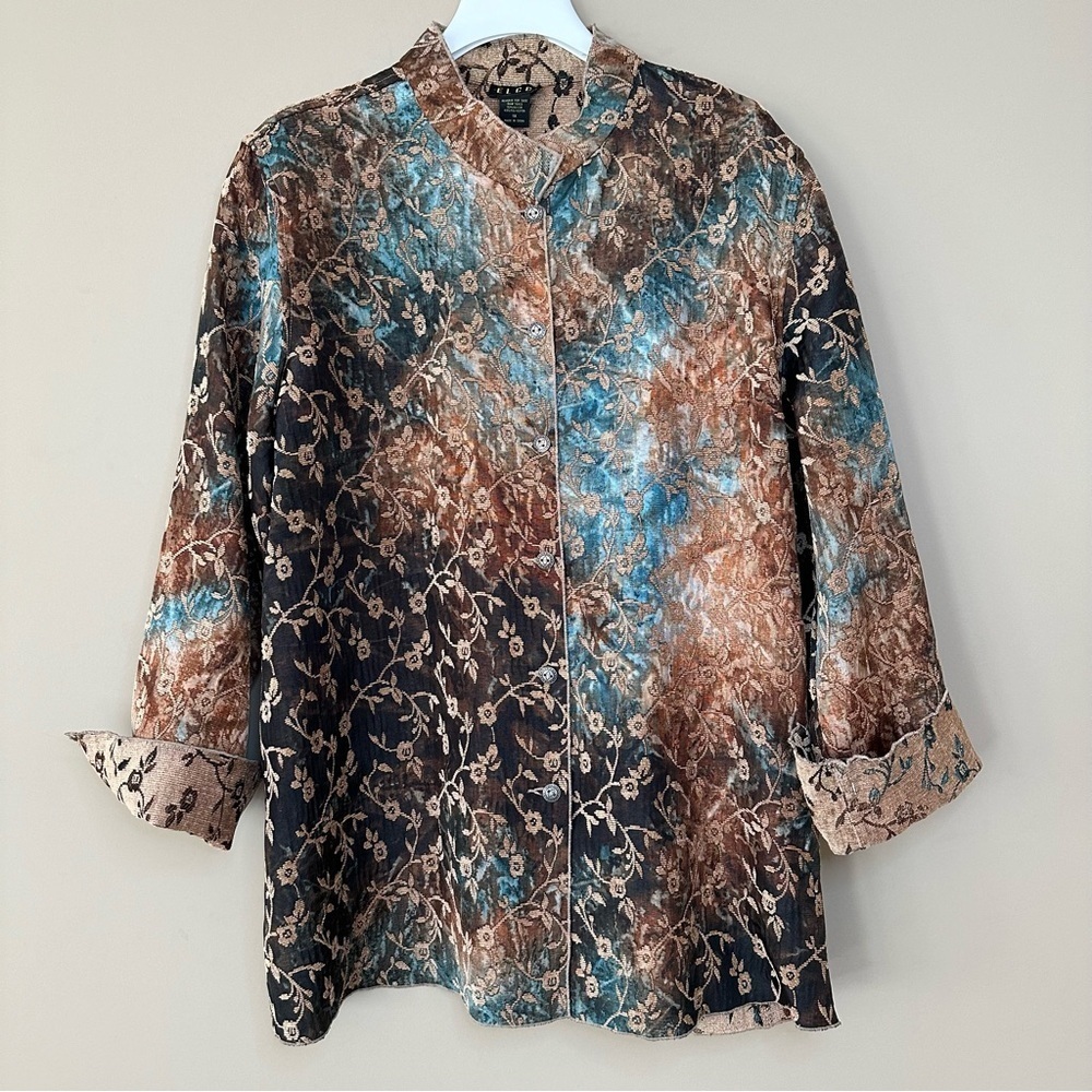 NEW ELCC Women 1X Floral Tapestry Jacket Reversible Blue Brown Gold Fall Winter - Picture 6 of 11